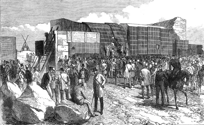Framed Print : Experiments at Shoeburyness...Plymouth Breakwater Target: examining the target after firing, 1868. Creator: C. R Framed Print : Experiments at Shoeburyness...Plymouth Breakwater Target: examining the target after firing, 1868. Creator: C. R
