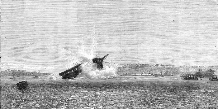 Framed Print : Experiments with torpedo-shells at Chatham: blowing-up of the Terpsichore by a 75-pounder, 1865. Creator: Unknown Framed Print : Experiments with torpedo-shells at Chatham: blowing-up of the Terpsichore by a 75-pounder, 1865. Creator: Unknown