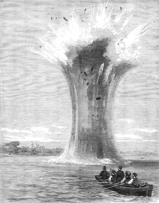 Framed Print : Experiments with torpedo-shells at Chatham: explosion of a 440-pounder, 1865. Creator: Unknown Framed Print : Experiments with torpedo-shells at Chatham: explosion of a 440-pounder, 1865. Creator: Unknown