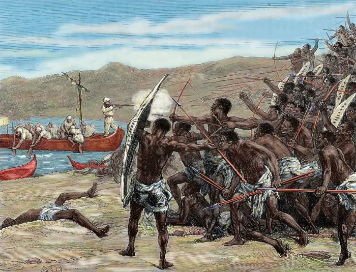 Framed Print : Explorers confronting natives of Bumbireh Island, Africa, 1870s, (1880). Creator: Laplante Framed Print : Explorers confronting natives of Bumbireh Island, Africa, 1870s, (1880). Creator: Laplante