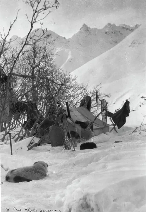 Framed Print : Explorer's tent and belongings anchored securely so they won't be blown away, c1900-c1930. Creator: Unknown Framed Print : Explorer's tent and belongings anchored securely so they won't be blown away, c1900-c1930. Creator: Unknown