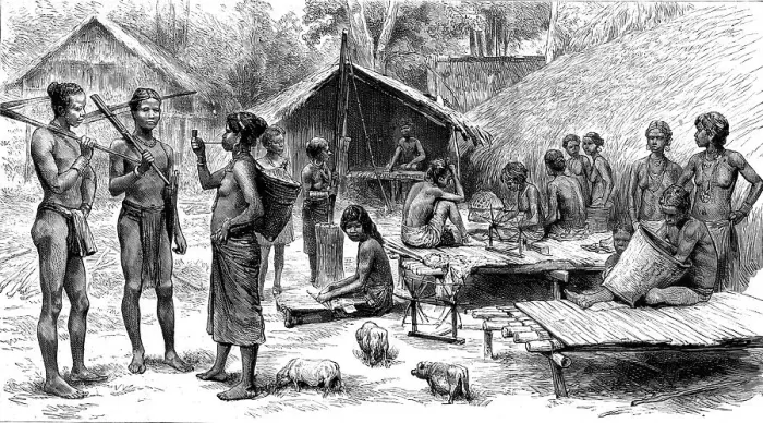 Framed Print : An Exploring Expedition in Unknown Tonquin; A Native Village Scene, 1890. Creator: Unknown Framed Print : An Exploring Expedition in Unknown Tonquin; A Native Village Scene, 1890. Creator: Unknown