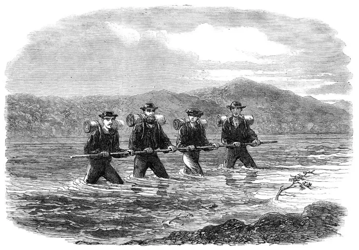 Framed Print : An Exploring Party on the West Coast of New Zealand: crossing the River Teramakau, 1865. Creator: Unknown Framed Print : An Exploring Party on the West Coast of New Zealand: crossing the River Teramakau, 1865. Creator: Unknown
