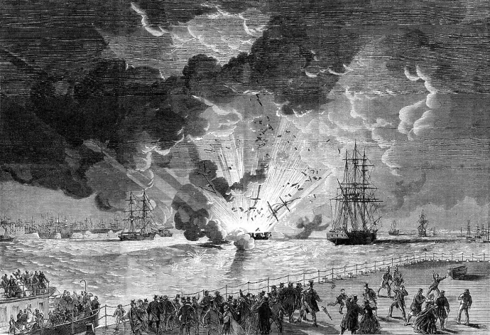Framed Print : Explosion on board the barque Lottie Sleigh, laden with gunpowder, in the Mersey... 1864. Creator: Unknown Framed Print : Explosion on board the barque Lottie Sleigh, laden with gunpowder, in the Mersey... 1864. Creator: Unknown