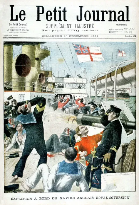 Framed Print : Explosion on board the British warship HMS Royal Sovereign, 1901 Framed Print : Explosion on board the British warship HMS Royal Sovereign, 1901