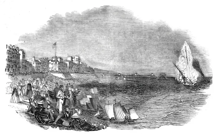 Framed Print : Explosion of a brig, by Captain Warner, off Brighton, 1844. Creator: Unknown Framed Print : Explosion of a brig, by Captain Warner, off Brighton, 1844. Creator: Unknown