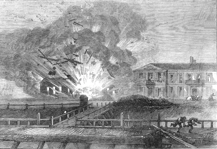 Framed Print : Explosion of a cartridge factory at Dunkirk, 1871. Creator: Unknown Framed Print : Explosion of a cartridge factory at Dunkirk, 1871. Creator: Unknown