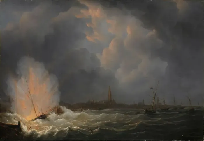 Framed Print : The Explosion of Gunboat nr 2, under Command of Jan van Speijk, off Antwerp, 5 February 1831, 1832. Creator: Martinus Schouman Framed Print : The Explosion of Gunboat nr 2, under Command of Jan van Speijk, off Antwerp, 5 February 1831, 1832. Creator: Martinus Schouman
