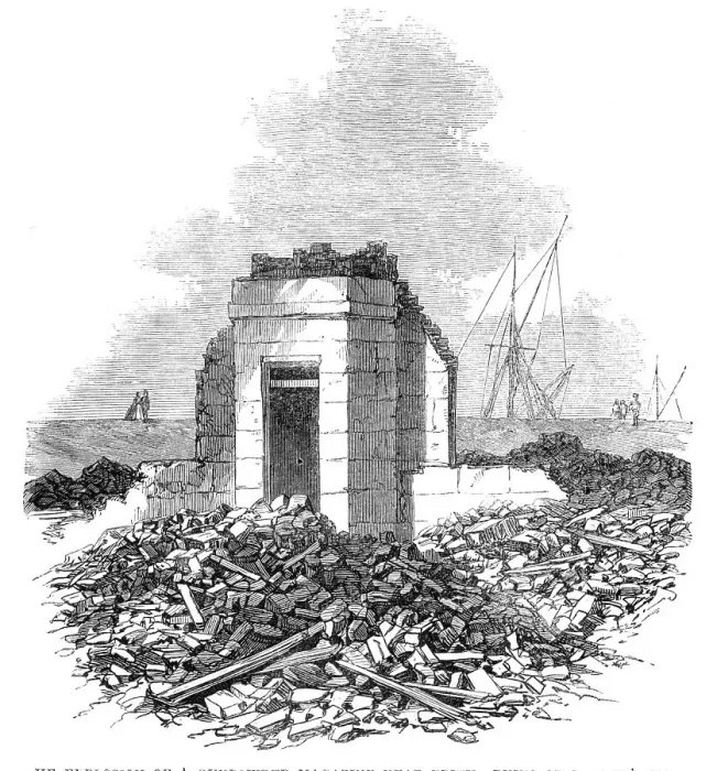 Framed Print : The explosion of a gunpowder magazine near Erith: ruins of Rayner's house, 1864. Creator: Unknown Framed Print : The explosion of a gunpowder magazine near Erith: ruins of Rayner's house, 1864. Creator: Unknown