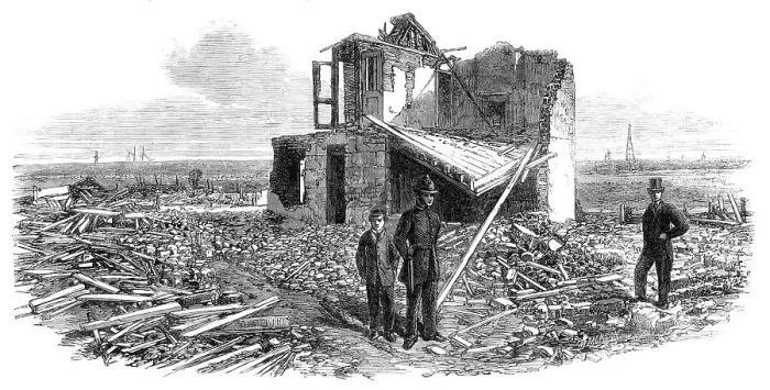 Framed Print : The explosion of a gunpowder magazine near Erith: ruins of Silver's house, 1864. Creator: Unknown Framed Print : The explosion of a gunpowder magazine near Erith: ruins of Silver's house, 1864. Creator: Unknown