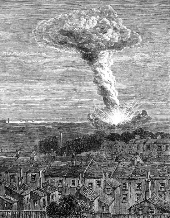 Framed Print : The explosion of gunpowder magazines at Erith: view…from Burrage-road, Plumstead…, 1864. Creator: Unknown Framed Print : The explosion of gunpowder magazines at Erith: view…from Burrage-road, Plumstead…, 1864. Creator: Unknown