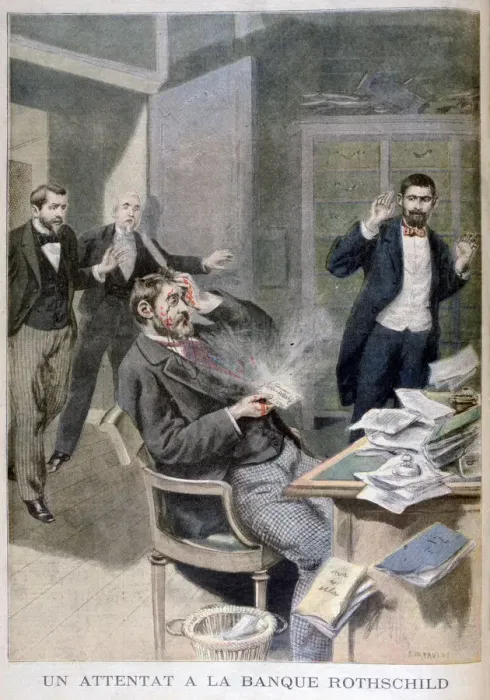 Framed Print : Explosion of a letter bomb sent to Baron Alphonse de Rothschild, 1895. Artist: F Meaulle Framed Print : Explosion of a letter bomb sent to Baron Alphonse de Rothschild, 1895. Artist: F Meaulle