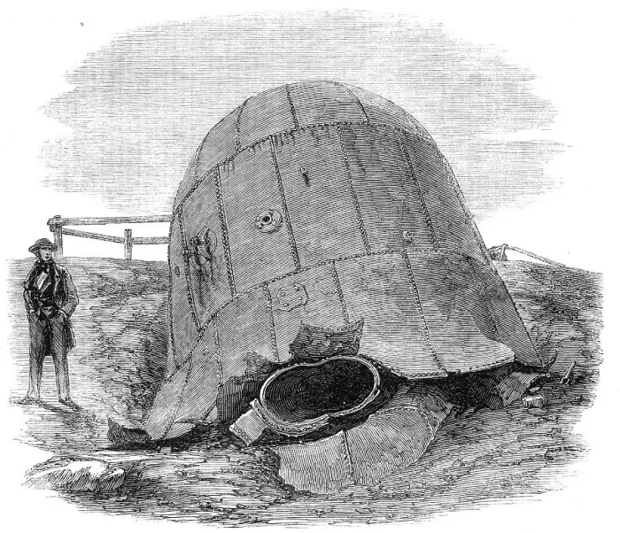 Framed Print : The explosion at Millfield Ironworks: portion of the boiler hurled to a distance of 250 yards, 1862. Creator: Unknown Framed Print : The explosion at Millfield Ironworks: portion of the boiler hurled to a distance of 250 yards, 1862. Creator: Unknown