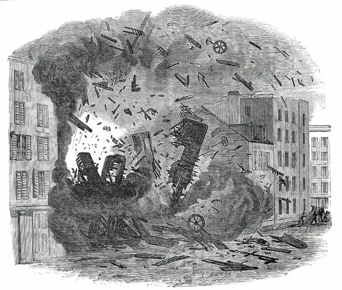 Framed Print : Explosion of a Steam-Boiler in Hague-Street, New York, 1850. Creator: Unknown Framed Print : Explosion of a Steam-Boiler in Hague-Street, New York, 1850. Creator: Unknown