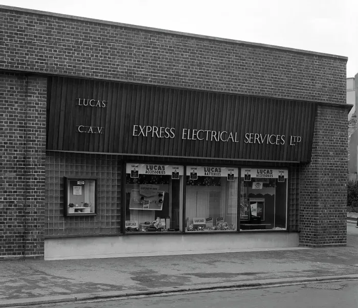 Framed Print : Express Electrical Services shop front, Plymouth, Devon, 1961. Artist: Michael Walters Framed Print : Express Electrical Services shop front, Plymouth, Devon, 1961. Artist: Michael Walters