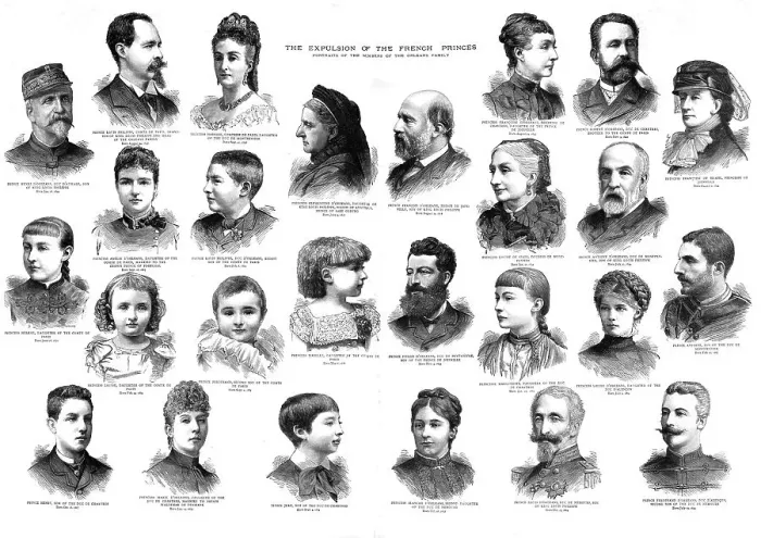 Framed Print : The Expulsion of the French Princes; Portraits of the members of the Orleans family, 1886. Creator: Unknown Framed Print : The Expulsion of the French Princes; Portraits of the members of the Orleans family, 1886. Creator: Unknown