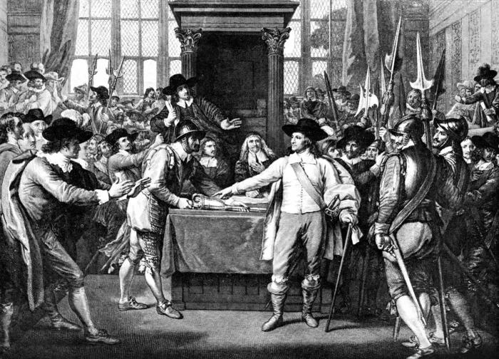 Framed Print : Expulsion of Members by Cromwell, 1653, (18th century) Framed Print : Expulsion of Members by Cromwell, 1653, (18th century)