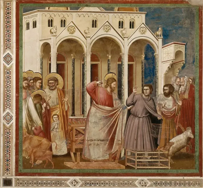 Framed Print : Expulsion of the Money changers from the Temple (From the cycles of The Life of Christ), 1304-1306. Creator: Giotto di Bondone (1266-1377) Framed Print : Expulsion of the Money changers from the Temple (From the cycles of The Life of Christ), 1304-1306. Creator: Giotto di Bondone (1266-1377)
