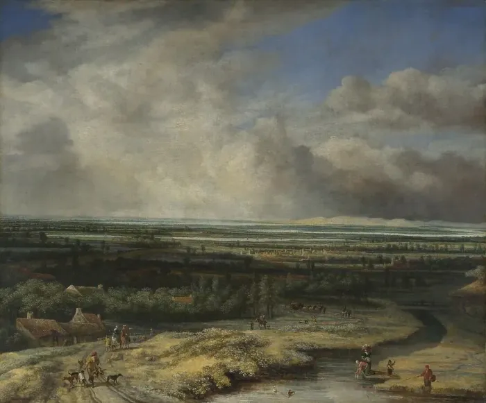 Framed Print : An Extensive Landscape with a Hawking Party, c. 1670. Artist: Koninck, Philips de (1619-1688) Framed Print : An Extensive Landscape with a Hawking Party, c. 1670. Artist: Koninck, Philips de (1619-1688)