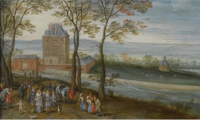 Framed Print : An extensive landscape with a view of the castle of Mariemont, a procession with the archduke Albrec Framed Print : An extensive landscape with a view of the castle of Mariemont, a procession with the archduke Albrec