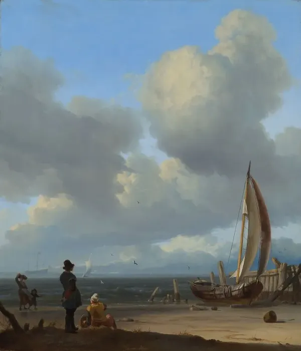 Framed Print : An extensive seascape with figures by a boat on a shore, 1667. Creator: Ludolf Bakhuizen
