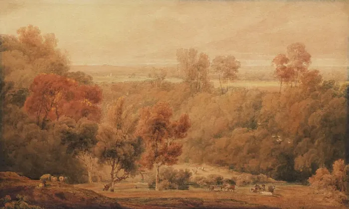 Framed Print : An Extensive Wooded Landscape With Cattle In The Foreground, early 19th century. Creator: Amelia Long Framed Print : An Extensive Wooded Landscape With Cattle In The Foreground, early 19th century. Creator: Amelia Long