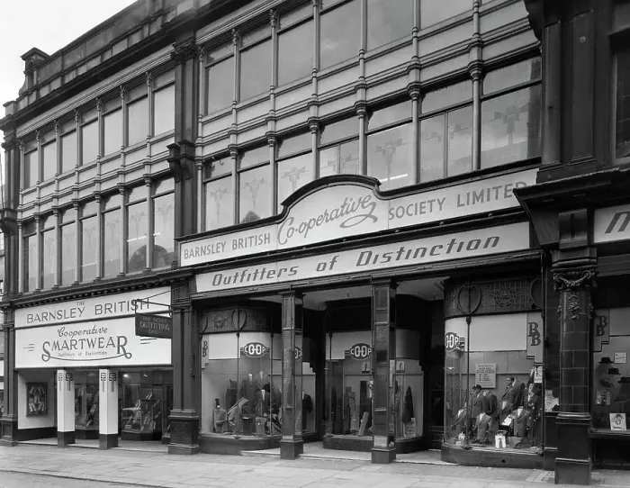 Framed Print : Exterior of the Barnsley Co-op central mens tailoring department, South Yorkshire, 1959 Framed Print : Exterior of the Barnsley Co-op central mens tailoring department, South Yorkshire, 1959