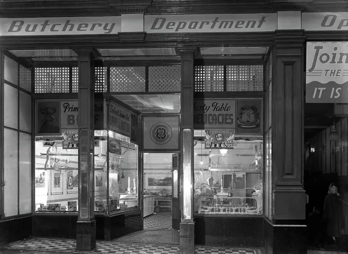Framed Print : Exterior of the Butchery Department, Barnsley Co-op, South Yorkshire, 1956. Artist Framed Print : Exterior of the Butchery Department, Barnsley Co-op, South Yorkshire, 1956. Artist