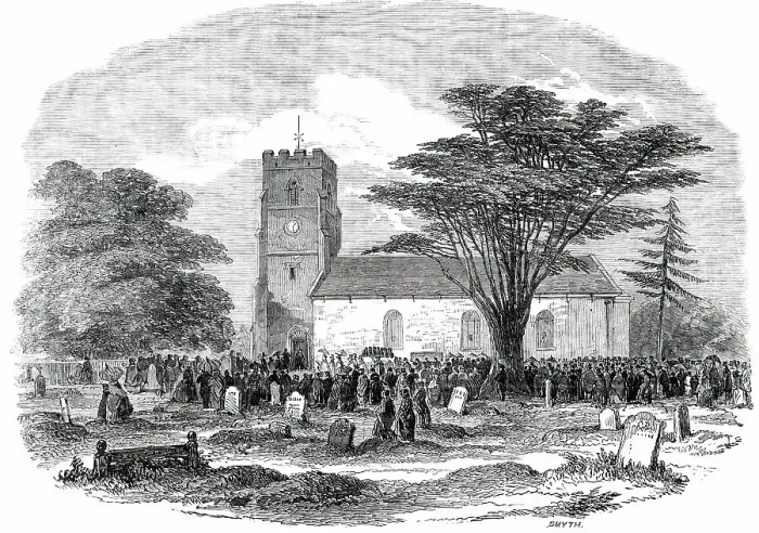 Framed Print : Exterior of the Church at Drayton Bassett, (funeral of Sir Robert Peel), 1850. Creator: Unknown Framed Print : Exterior of the Church at Drayton Bassett, (funeral of Sir Robert Peel), 1850. Creator: Unknown