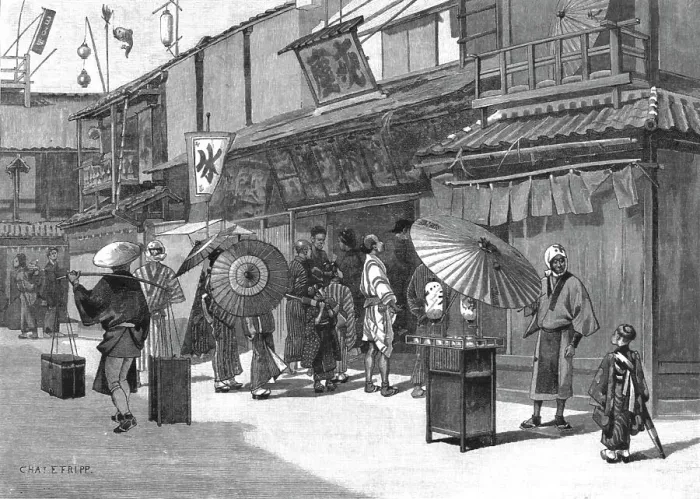 Framed Print : The Exterior of a Japanese Theatre, 1891. Creator: Charles Edwin Fripp Framed Print : The Exterior of a Japanese Theatre, 1891. Creator: Charles Edwin Fripp