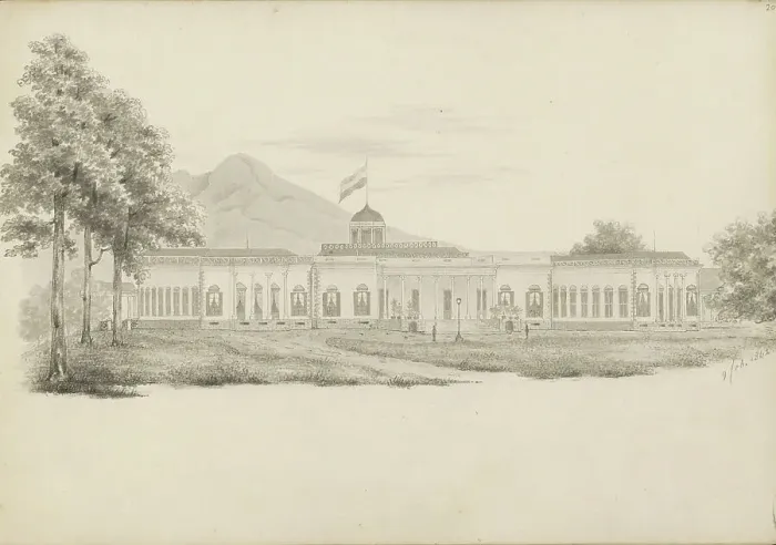 Framed Print : Exterior of the palace in Buitenzorg in West-Java, 1842. Creator: Anon Framed Print : Exterior of the palace in Buitenzorg in West-Java, 1842. Creator: Anon