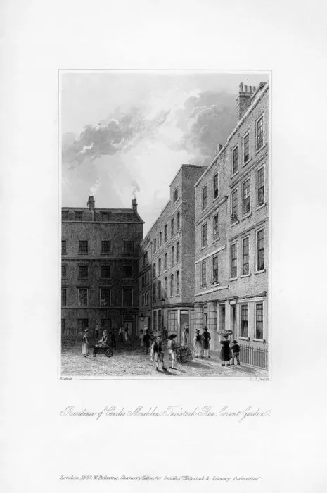 Framed Print : Exterior of the last residence of Charles Macklin, Tavistock Row, Covent Garden, 1840. Artist: C J Smith Framed Print : Exterior of the last residence of Charles Macklin, Tavistock Row, Covent Garden, 1840. Artist: C J Smith