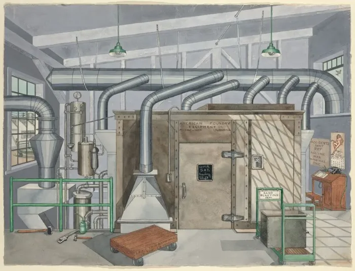 Framed Print : Exterior Sand Blasting Chamber, 1935, 1935 / 1942. Creator: Perkins Harnly Framed Print : Exterior Sand Blasting Chamber, 1935, 1935 / 1942. Creator: Perkins Harnly
