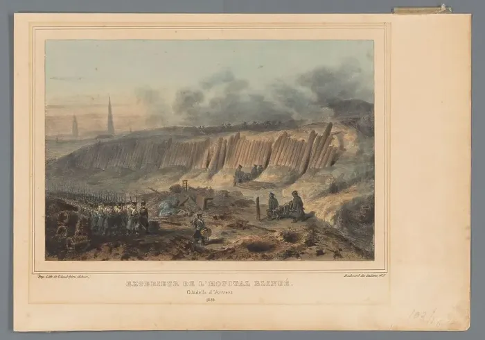 Framed Print : Exterior of the shell-proof field hospital, Citadel of Antwerp, 1832, (1833). Creator: Auguste Raffet Framed Print : Exterior of the shell-proof field hospital, Citadel of Antwerp, 1832, (1833). Creator: Auguste Raffet