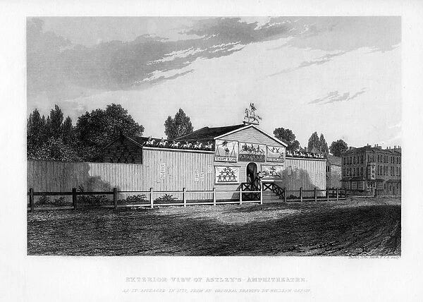 Exterior view of Astleys Amphitheatre in London as it appeared in 1777, (1840). Artist: William Capon