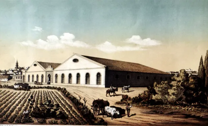 Framed Print : Exterior view of the building and vineyards of Bodegas of Jerez de la Frontera, lithography Framed Print : Exterior view of the building and vineyards of Bodegas of Jerez de la Frontera, lithography