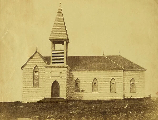 Exterior view of church, in the community around Fort Victoria on Vancouver... between 1858 and 61. Creator: Unknown