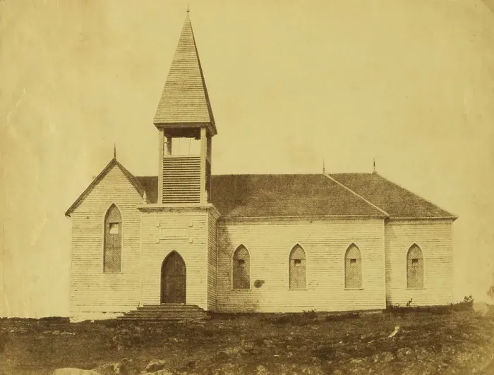 Framed Print : Exterior view of church, in the community around Fort Victoria on Vancouver... between 1858 and 61. Creator: Unknown