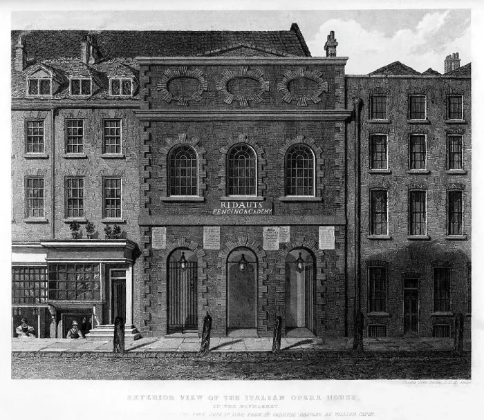 Framed Print : Exterior view of the Italian Opera House, Haymarket, 18th century, (1840). Artist: Charles John Smith Framed Print : Exterior view of the Italian Opera House, Haymarket, 18th century, (1840). Artist: Charles John Smith