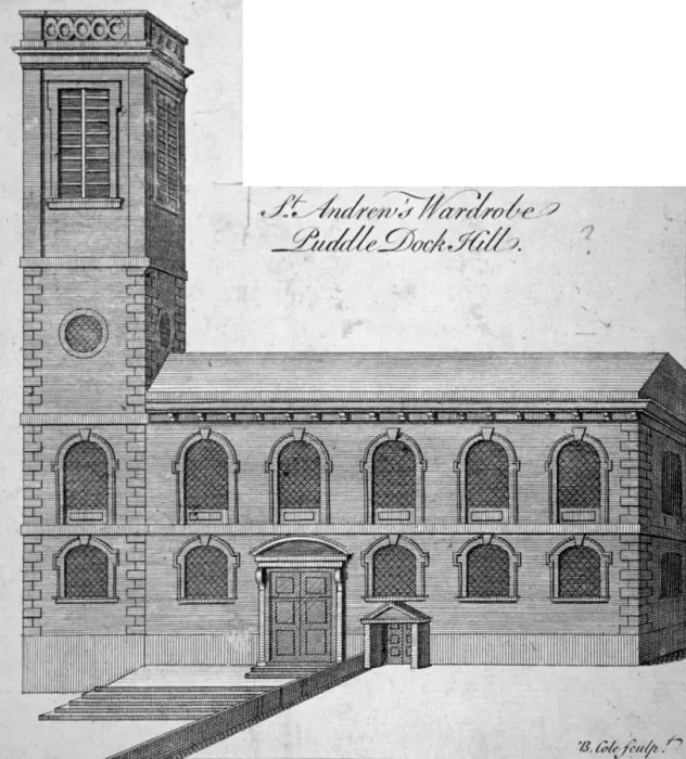 Framed Print : Exterior view of St Andrew by the Wardrobe, City of London, c1750 Framed Print : Exterior view of St Andrew by the Wardrobe, City of London, c1750