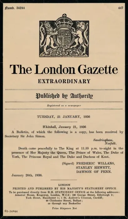 Framed Print : An extraordinary bulletin by The London Gazette anouncing the death of King George V (1865-1936) Framed Print : An extraordinary bulletin by The London Gazette anouncing the death of King George V (1865-1936)