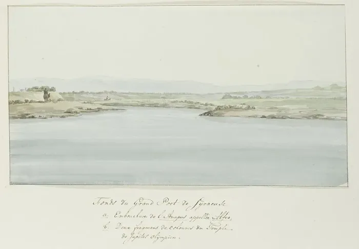 Framed Print : Extremity of the great port of Syracuse, 1778. Creator: Louis Ducros Framed Print : Extremity of the great port of Syracuse, 1778. Creator: Louis Ducros