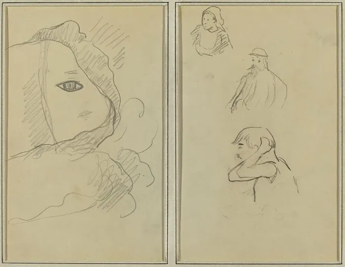 Framed Print : Eye and Part of Face; A Breton Woman and Two Men [recto], 1884-1888. Creator: Paul Gauguin