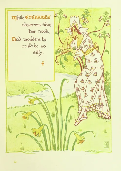 Framed Print : While Eyebright observes from her nook, And wonders he could be so silly, 1899. Creator: Walter Crane Framed Print : While Eyebright observes from her nook, And wonders he could be so silly, 1899. Creator: Walter Crane