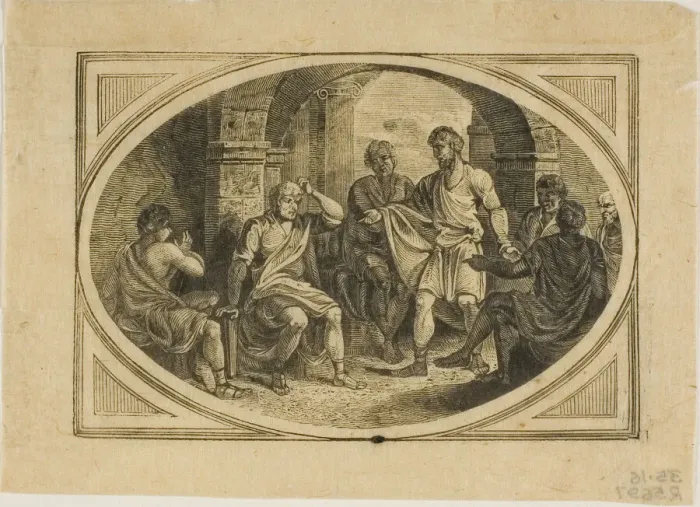 Framed Print : Fable: The Boasting Traveler, n. d. Creator: Thomas Bewick Framed Print : Fable: The Boasting Traveler, n. d. Creator: Thomas Bewick