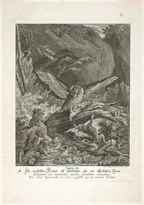 Framed Print : Fable III, plate three from Lehrreiche Fabeln aus dem Reiche der Theire, 1743. Creator: Johann Elias Ridinger Framed Print : Fable III, plate three from Lehrreiche Fabeln aus dem Reiche der Theire, 1743. Creator: Johann Elias Ridinger