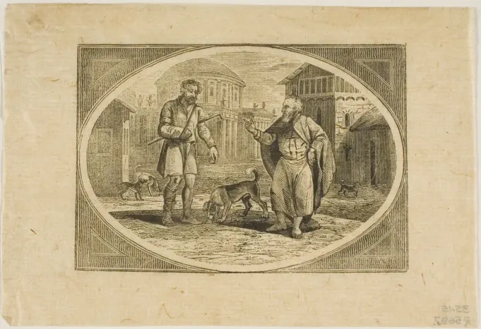 Framed Print : Fable: A Man Bitten by a Dog, n. d. Creator: Thomas Bewick Framed Print : Fable: A Man Bitten by a Dog, n. d. Creator: Thomas Bewick