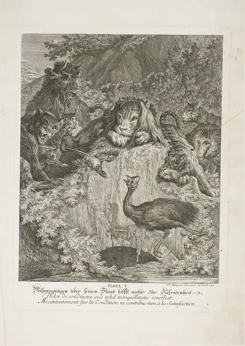 Framed Print : Fable V, plate five from Lehrreiche Fabeln aus dem Reiche der Theire, 1743. Creator: Johann Elias Ridinger Framed Print : Fable V, plate five from Lehrreiche Fabeln aus dem Reiche der Theire, 1743. Creator: Johann Elias Ridinger