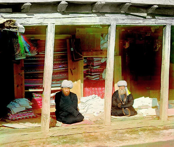 Fabric merchants in the Registan, Samarkand, between 1905 and 1915. Creator: Sergey Mikhaylovich Prokudin-Gorsky