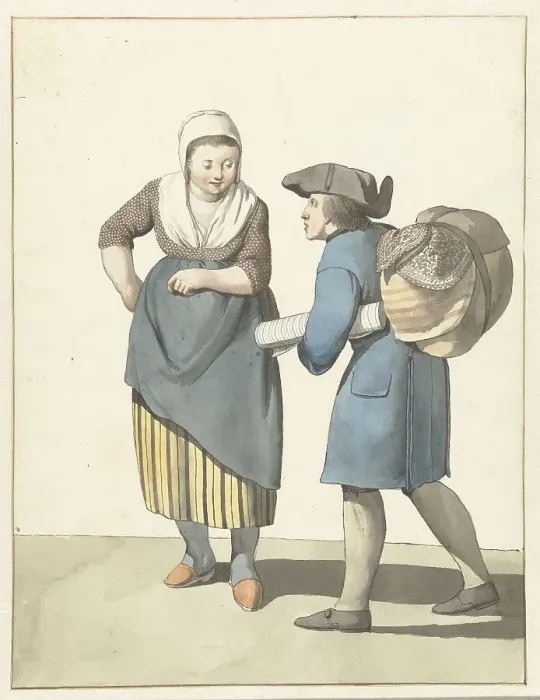 Framed Print : Fabric seller negotiating with a woman, 1700-1800. Creator: W. Barthautz Framed Print : Fabric seller negotiating with a woman, 1700-1800. Creator: W. Barthautz
